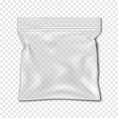 Clear square resealable plastic bag with zip lock on transparent background realistic vector mock-up. Empty zipper PVC vinyl package mockup - 534758807