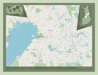 Northern Ostrobothnia, Finland. OSM. Labelled points of cities