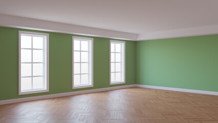 Fototapeta premium Beautiful Interior with Green Walls, Glossy Herringbone Parquet Floor, Three Large Windows and a White Plinth. Concept of the Empty Room. 3D Rendering, 8K Ultra HD, 7680x4320, 300 dpi