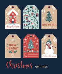 Set of cute Christmas gift tags in hand drawn doodle style. Vector greeting card designs