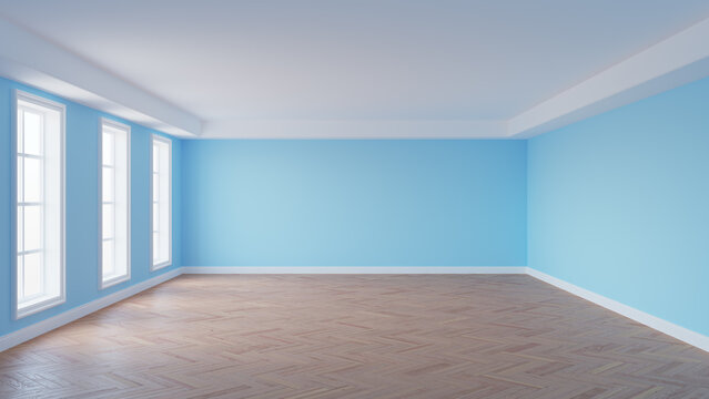 Frontal View of the Empty Room with Pale Blue Walls, White Ceiling and Cornice, Three Large Windows, Glossy Herringbone Parquet Flooring and a White Plinth. Interior Concept, 3D Rendering. 8K Ultra HD