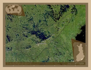 South Karelia, Finland. Low-res satellite. Labelled points of cities