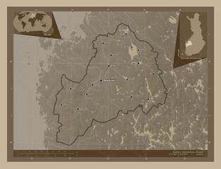 Southern Ostrobothnia, Finland. Sepia. Labelled points of cities