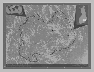 Southern Savonia, Finland. Grayscale. Labelled points of cities