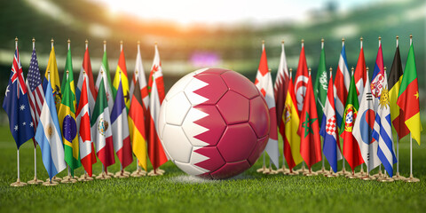 Soccer football ball with flags of world countries on the grass of football arena. Cup of world in Qatar.