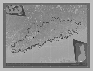 Uusimaa, Finland. Grayscale. Labelled points of cities