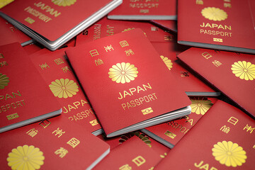 Heap of Japan passports. Immigration, citizenship, travel and tourism concept.