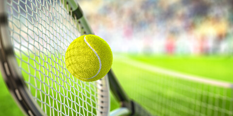 Tennis racket and ball on tennis court. - 534760099