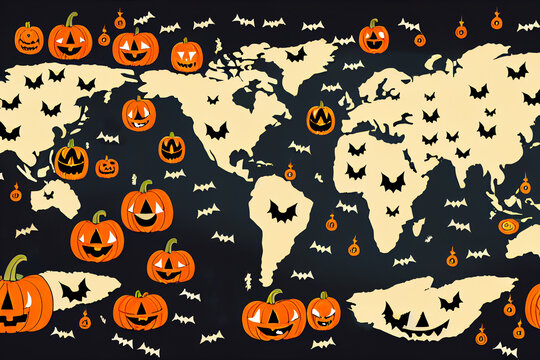 Large Halloween world map with scary pumpkins and demonic bats