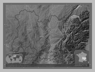 Auvergne-Rhone-Alpes, France. Grayscale. Labelled points of cities