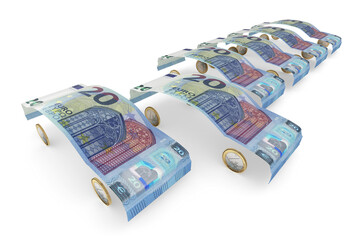20-Euro-Geldscheine gefaltet zu Auto-Karroserien aufgereiht mit einem herausragendem 