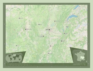 Auvergne-Rhone-Alpes, France. OSM. Labelled points of cities