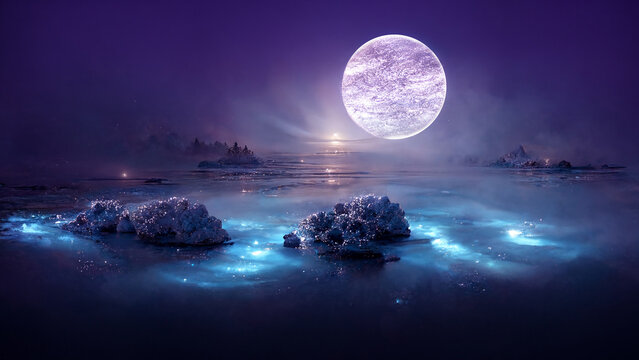 Fantasy full moon background with ocean. Wave of blue sea at night. 3D rendering image.	