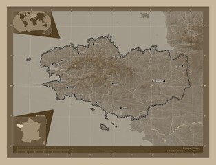 Bretagne, France. Sepia. Labelled points of cities
