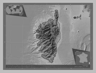 Corse, France. Grayscale. Labelled points of cities
