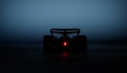 Back view silhouette of a modern generic sports racing car standing in a dark garage. Realistic 3d rendering - obrazy, fototapety, plakaty