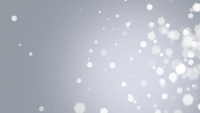Fly abstract silver particles and glitters on white gradient, motion cinematic and holiday style background