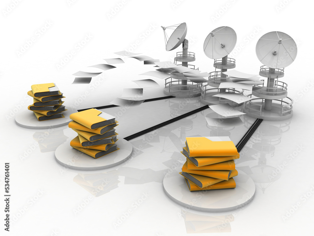 Poster satellite dish and spaceship with folder network, 3d rendering