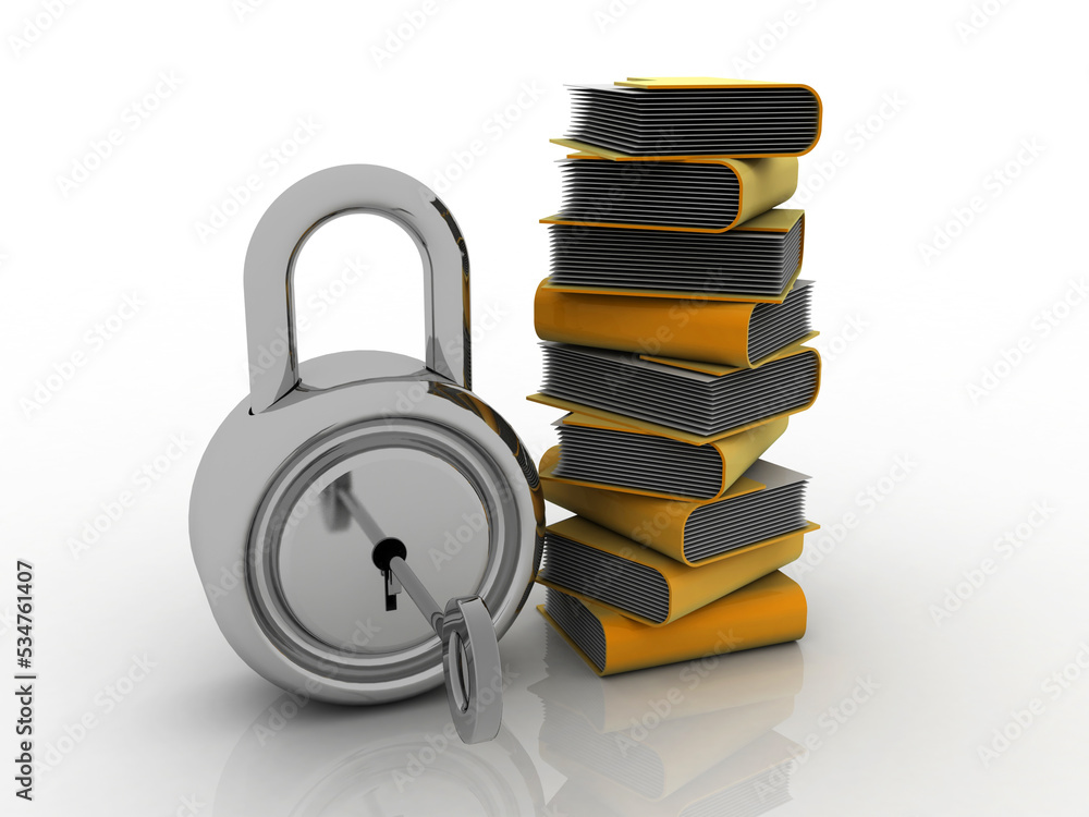 Poster 3d rendering yellow folder and lock. data security concept