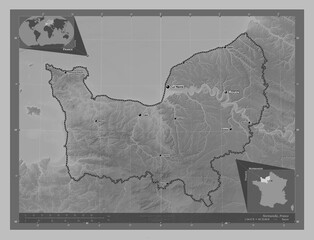 Normandie, France. Grayscale. Labelled points of cities