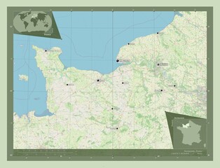 Normandie, France. OSM. Labelled points of cities