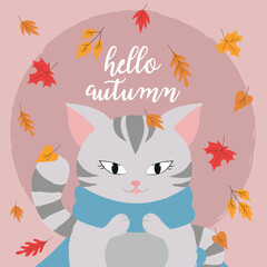 Lettering Hello Autumn. Postcard with a cute cat.	