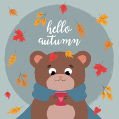 Lettering Hello Autumn. Postcard with a cute bear.	