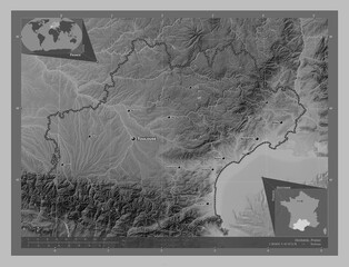 Occitanie, France. Grayscale. Labelled points of cities