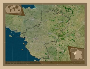 Pays de la Loire, France. Low-res satellite. Labelled points of cities