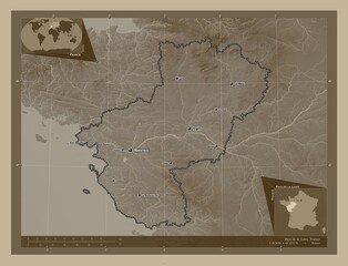Pays de la Loire, France. Sepia. Labelled points of cities