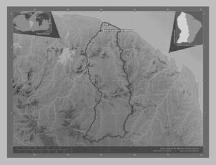 Saint-Laurent-du-Maroni, French Guiana. Grayscale. Labelled points of cities
