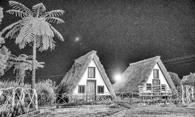Night view of Madeira island rural traditional house sunset village landscape, Portugal. City of...