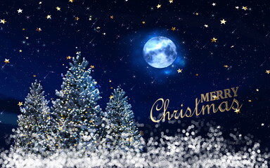 Obraz na płótnie Canvas starry night bug moon and Festive Christmas trees decoration holiday greetings text template background card