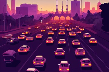 cartoon drawing Car traffic pollution traffic jam in the morning and evening in the capital city of Bucharest Romania , Anime style