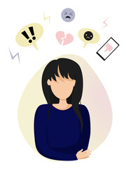 Cyber bullying, internet abuse or online troll. Social media bullying. Hate speech from online social media net. Flat vector illustration for hate, violence, stress. Girl or woman with broken heart. 