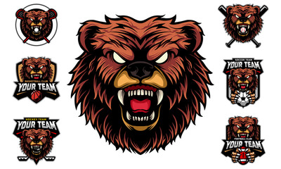Bear Head Mascot Logo with logo set for team football, basketball, lacrosse, baseball, hockey , soccer .suitable for the sports team mascot logo .vector illustration.