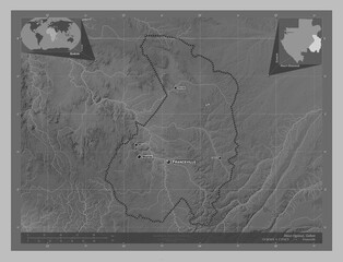 Haut-Ogooue, Gabon. Grayscale. Labelled points of cities