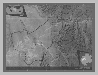 Moyen-Ogooue, Gabon. Grayscale. Labelled points of cities