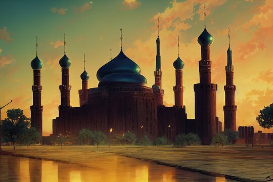 anime style, GROZNY RUSSIA SEPTEMBER 29 2021 The Heart of Chechnya Mosque on the background of the Grozny City complex Chechen Republic , Anime style