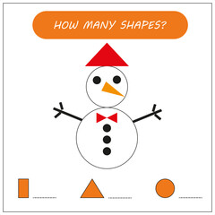 Educational game for kids. Snowman of geometric shapes. Count triangle, rectangle, circle.