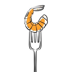 Shrimp on a doodle fork isolated on a white background