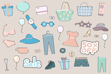 Set of Business Shopping Cute. Doodle Cartoon Woman Accessories Pastel Color Shop Vector Illustration.