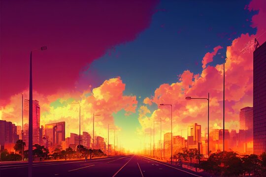 Conceptual Ai Generated Image (not actual) - anime Paulista Avenue at twilight in Sao Paulo Brazil , Anime style