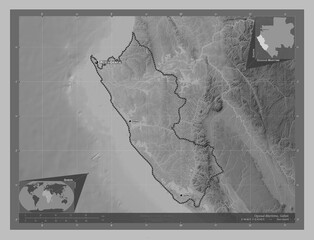 Ogooue-Maritime, Gabon. Grayscale. Labelled points of cities