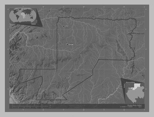 Wouleu-Ntem, Gabon. Grayscale. Labelled points of cities