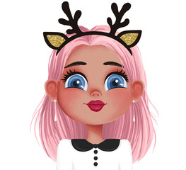 Cute Girl with Deer Horns Illustration. Cartoon Christmas Avatar Portrait. Child Face Avatar. Smiling Little Girl. Kid Character.