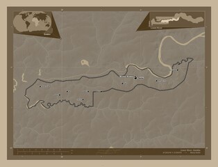 Lower River, Gambia. Sepia. Labelled points of cities