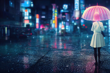 Fototapeta premium Girl walks at Asian city, Girl walks at cyberpunk city ,Girl walks at rain in city illustrated 