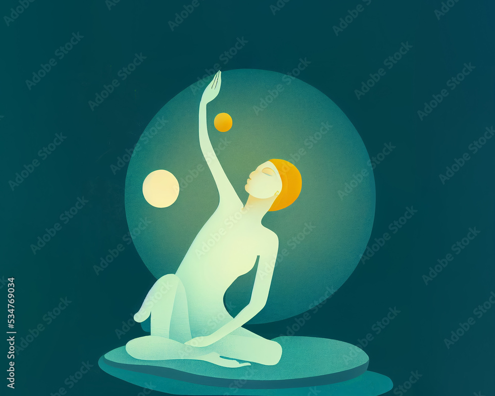 Wall mural hand-drawn digital illustration of a woman doing yoga meditation, a calm healing atmosphere, can be 