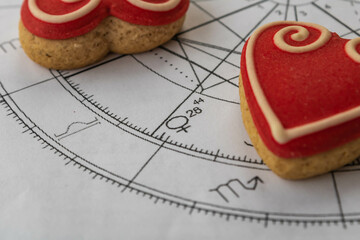 Close up of printed astrology chart with Venus planet; red heart shaped cookies in the background,...